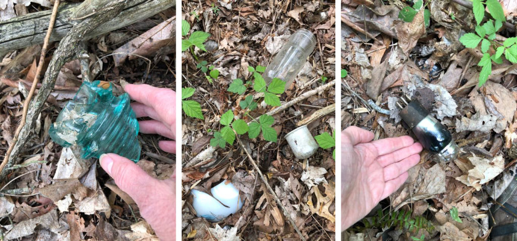 Collage of three images taken in the forest of discarded materials.