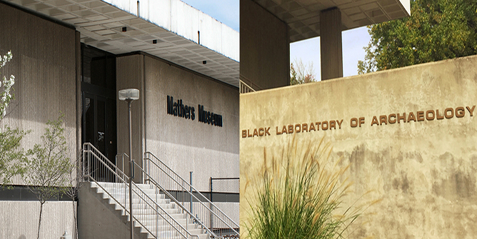 Collage of Mathers Museum and Glenn A. Black Laboratory of Archaeology signs.